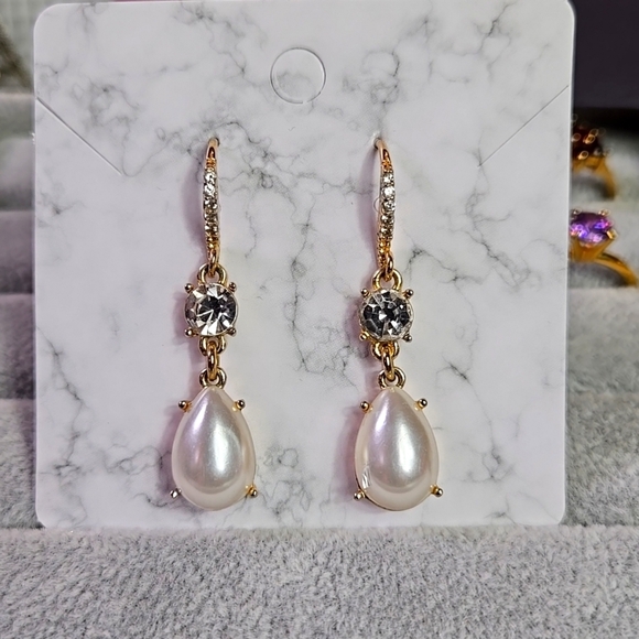 Gold Tone Silver Fuax Pearl Drop Earrings - Picture 3 of 17